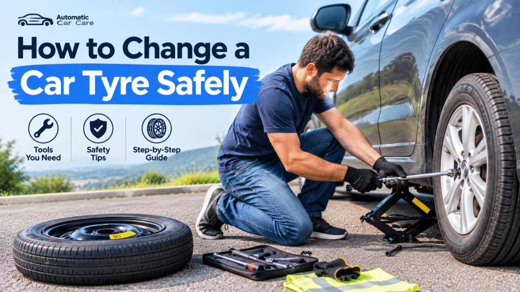 A man safely changing a car tyre using a jack and lug wrench beside a spare tyre.