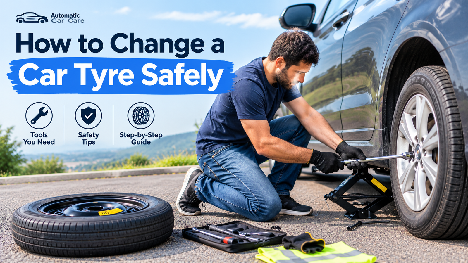 A man safely changing a car tyre using a jack and lug wrench beside a spare tyre.