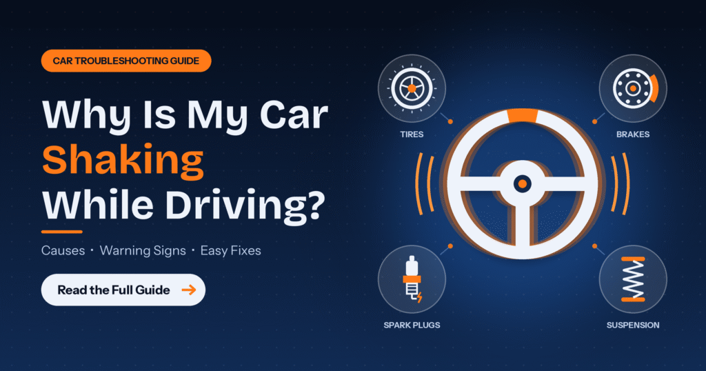 Car shaking while driving, steering wheel vibrating with icons for tires, brakes, spark plugs and suspension